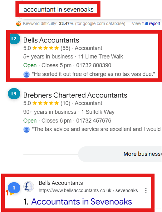 Google search results showing top rankings for Sevenoaks Accountants